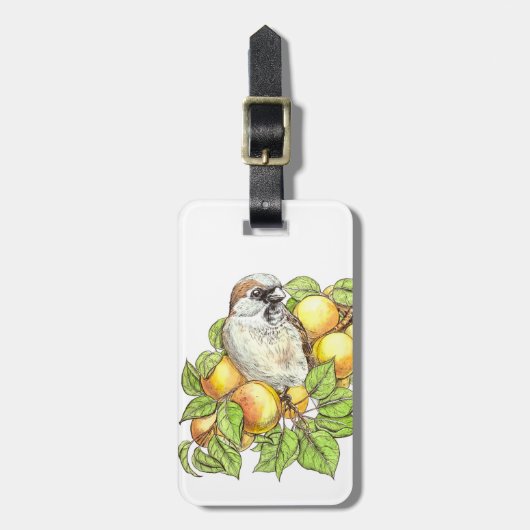 Sparrow on a apricot tak bagagelabel (Voorkant verticaal)