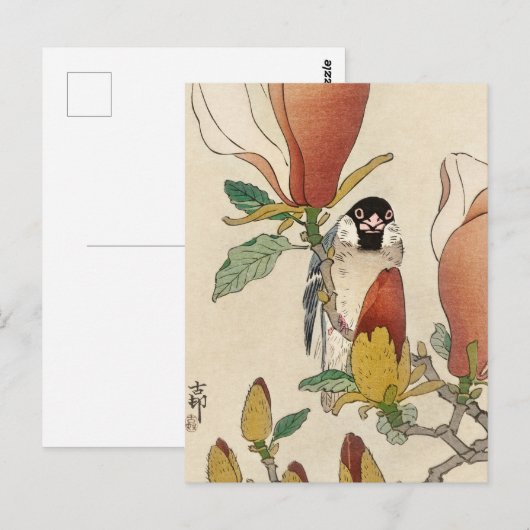 Sparrow on Blooming Magnolia Branch van Ohara Koso Briefkaart (Voorkant / Achterkant)