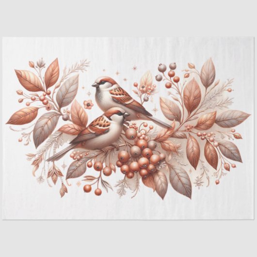  Sparrow Paar Botanische Koper Decoupage Tissuepapier (Voorkant)