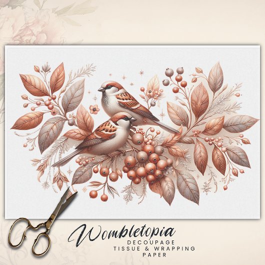Sparrow Paar Botanische Koper Decoupage Tissuepapier