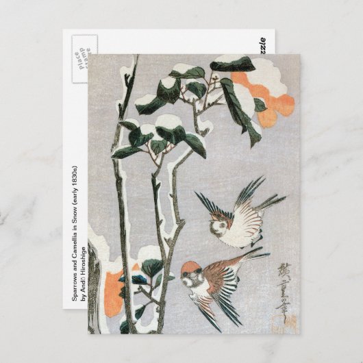 Sparrows en Camellia op sneeuw door Ando Hiroshige Briefkaart (Voorkant / Achterkant)
