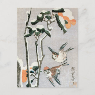 Sparrows en Camellia op sneeuw door Ando Hiroshige Briefkaart