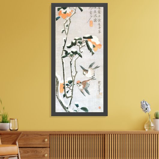 Sparrows en Camellia op sneeuw door Ando Hiroshige Canvas Afdruk (Insitu (Woonkamer))