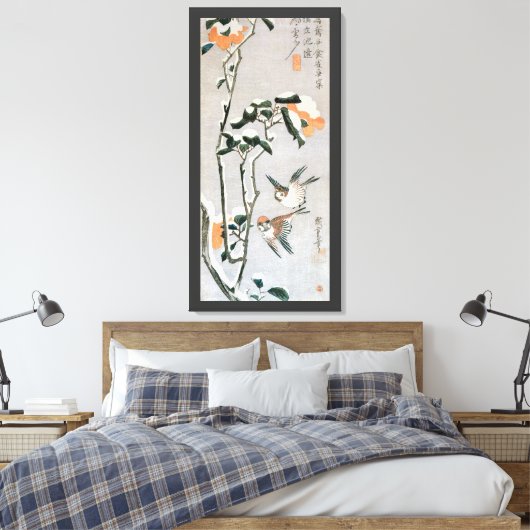 Sparrows en Camellia op sneeuw door Ando Hiroshige Canvas Afdruk (Insitu (Slaapkamer))