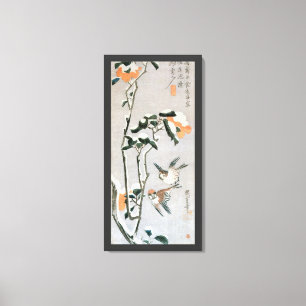 Sparrows en Camellia op sneeuw door Ando Hiroshige Canvas Afdruk