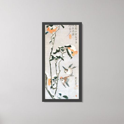 Sparrows en Camellia op sneeuw door Ando Hiroshige Canvas Afdruk (Voorkant)