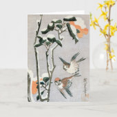 Sparrows en Camellia op sneeuw door Ando Hiroshige Kaart (Gele Bloem)