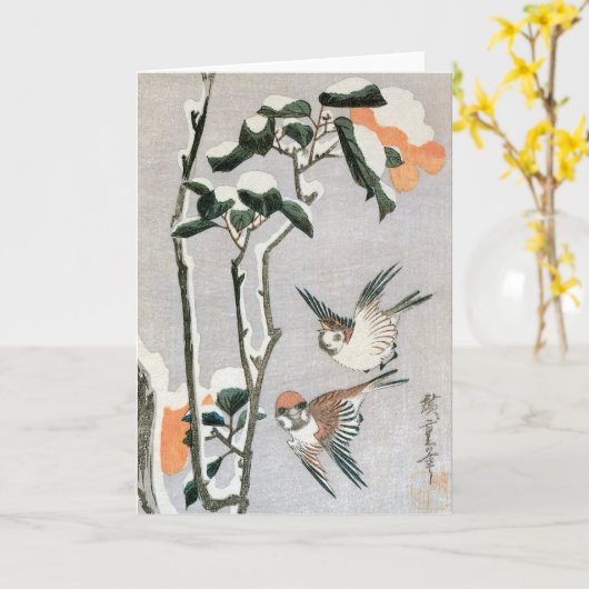Sparrows en Camellia op sneeuw door Ando Hiroshige Kaart (Gele Bloem)