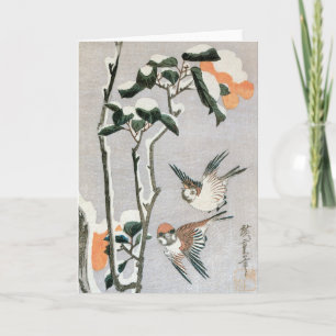 Sparrows en Camellia op sneeuw door Ando Hiroshige Kaart