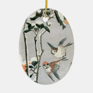Sparrows en Camellia op sneeuw door Ando Hiroshige Keramisch Ornament
