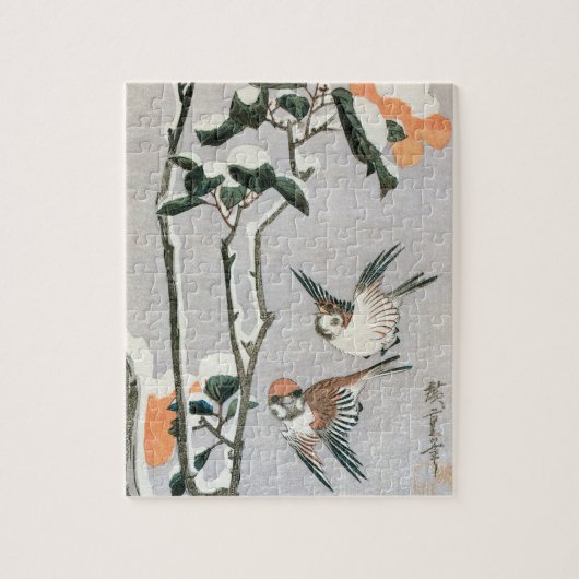 Sparrows en Camellia op sneeuw door Ando Hiroshige Legpuzzel (Verticaal)