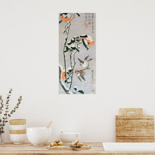 Sparrows en Camellia op sneeuw door Ando Hiroshige Poster (Keuken)