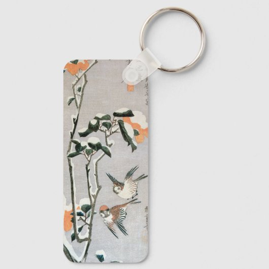 Sparrows en Camellia op sneeuw door Ando Hiroshige Sleutelhanger (Achterkant)