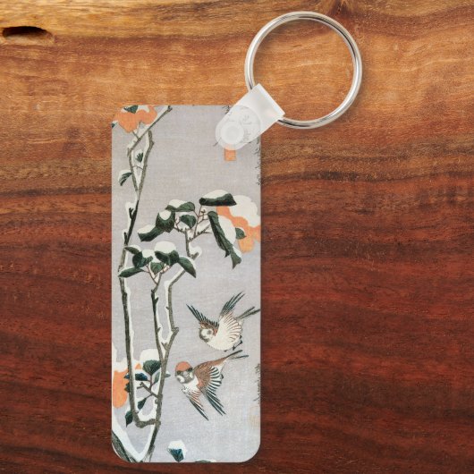 Sparrows en Camellia op sneeuw door Ando Hiroshige Sleutelhanger (Achterkant)