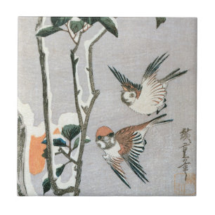 Sparrows en Camellia op sneeuw door Ando Hiroshige Tegeltje