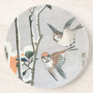 Sparrows en Camellia op sneeuw door Ando Hiroshige Zandsteen Onderzetter