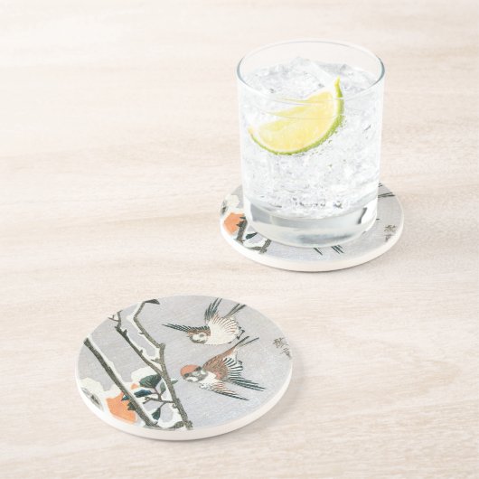 Sparrows en Camellia op sneeuw door Ando Hiroshige Zandsteen Onderzetter (Zijkant)