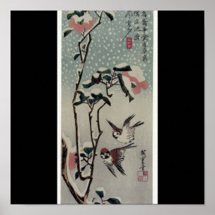 Sparrows en Camellias in de sneeuw ongeveer 1830 j Poster