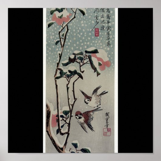 Sparrows en Camellias in de sneeuw ongeveer 1830 j Poster (Voorkant)