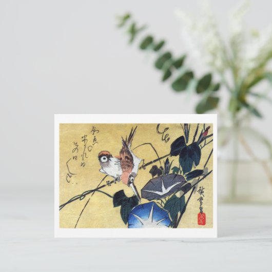 Sparrows en Morning Glory, Hiroshige Briefkaart (Staand voorkant)