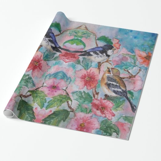 Sparrows Gift Wrapping Paper Spring Design Cadeaupapier (Uitgerold)