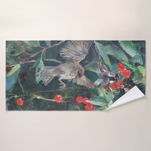 Sparrows in a Cherry Tree, Bruno Liljefors Badhanddoek (Badhanddoek)