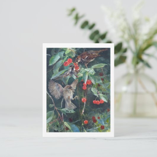 Sparrows in a Cherry Tree, Bruno Liljefors Briefkaart (Staand voorkant)