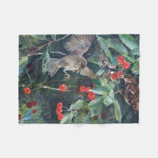 Sparrows in a Cherry Tree, Bruno Liljefors Fleece Deken (Voorkant (Horizontaal))