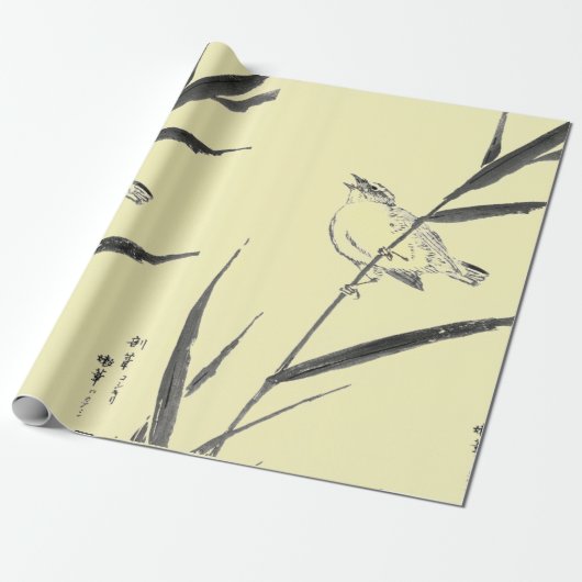 SPARROWS OP BRANCHES YELLOW WRAPPINGPAPIER CADEAUPAPIER (Uitgerold)