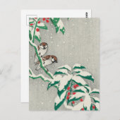 Sparrows op Snowy Berry Struik door Ohara Koson Briefkaart (Voorkant / Achterkant)