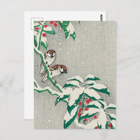 Sparrows op Snowy Berry Struik door Ohara Koson Briefkaart (Voorkant / Achterkant)