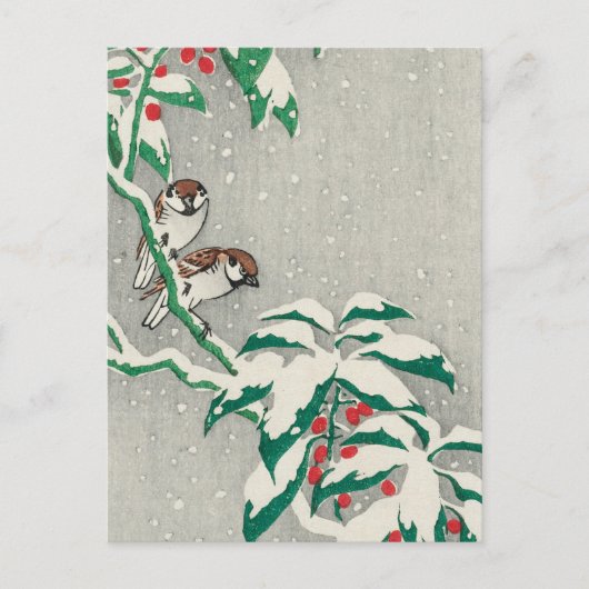 Sparrows op Snowy Berry Struik door Ohara Koson Briefkaart (Voorkant)