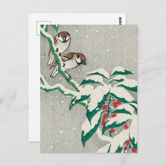 Sparrows op Snowy Berry Struik door Ohara Koson Briefkaart (Voorkant / Achterkant)