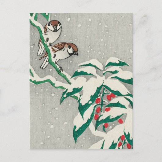 Sparrows op Snowy Berry Struik door Ohara Koson Briefkaart (Voorkant)