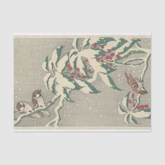 Sparrows op Snowy Currant Struik van Ohara Koson Tissuepapier (Voorkant)