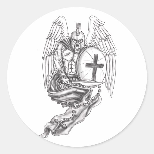 Spartan Warrior Angel Shield Rozenkrans Tattoo Ronde Sticker (Voorkant)
