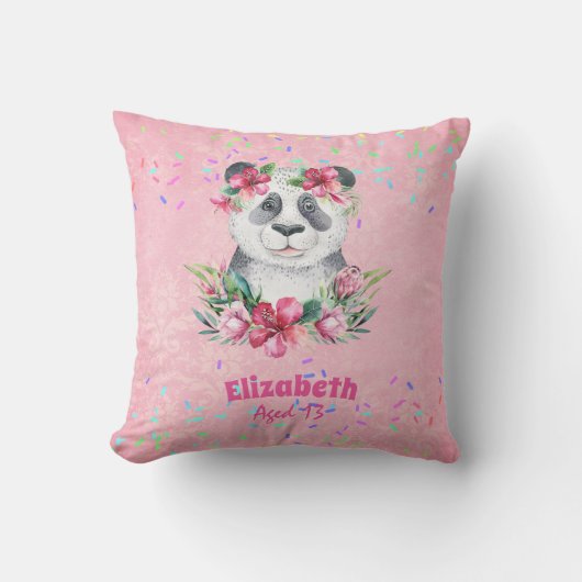 Spatjes PANDA BEAR Roze Boho Bloemen Meisjes Naam Kussen (Voorkant)