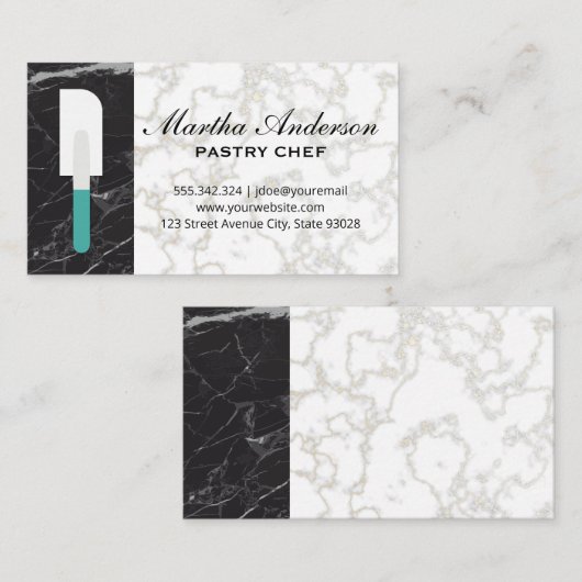 Spatula | Goudwitte marmer | Zwarte marmer Visitekaartje (Voorkant / Achterkant)