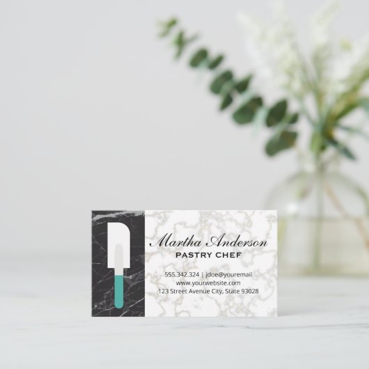 Spatula | Goudwitte marmer | Zwarte marmer Visitekaartje (Staand voorkant)