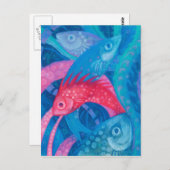 Spawning, vis, roze en blauw, onderwaterverf briefkaart (Voorkant / Achterkant)