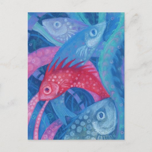 Spawning, vis, roze en blauw, onderwaterverf briefkaart (Voorkant)