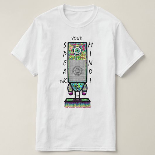 Speak(er) je geest motto (kleurrijke cyclops robot t-shirt (Design voorkant)