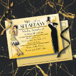 Speakeasy Flapper Great Gatsby Party Uitnodiging<br><div class="desc">De prachtige Flapper van 1920 en een mildere man in een tux en top die je uitnodigen naar een Grote Gatsby,  Roaring 20 of Speakeasy Party.  illustraties en artdecoaccenten. Faux goud.</div>