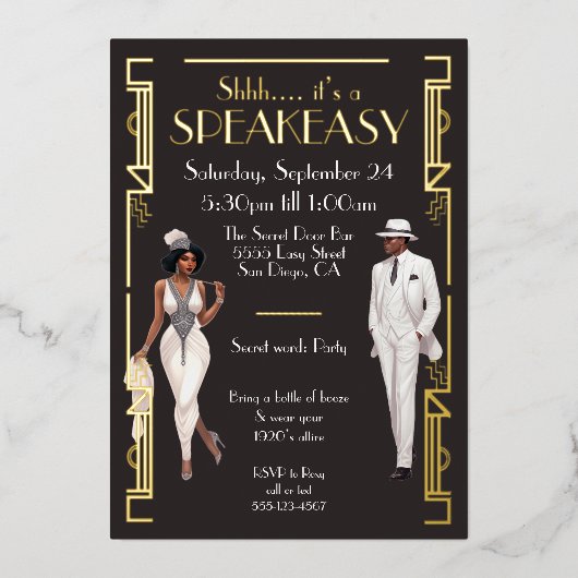 Speakeasy Flapper Party Afro-Amerikaans Zwart Folie Uitnodiging (Voorkant)