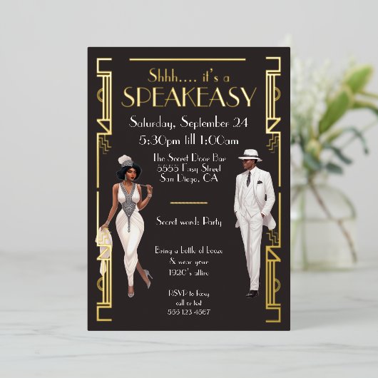 Speakeasy Flapper Party Afro-Amerikaans Zwart Folie Uitnodiging (Staand Voorkant)