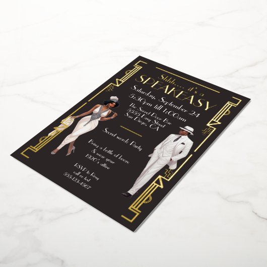 Speakeasy Flapper Party Afro-Amerikaans Zwart Folie Uitnodiging (Gedraaid)