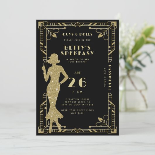 Speakeasy Flapper Roaring 20s Gatsby Gold Verjaard Kaart (Staand voorkant)