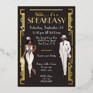Speakeasy Flapperfeest Afro-Amerikaans Zwart Folie Uitnodiging