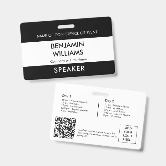 Speaker Name Badge QR Black White Logo ID Event (Voor- en achterkant)