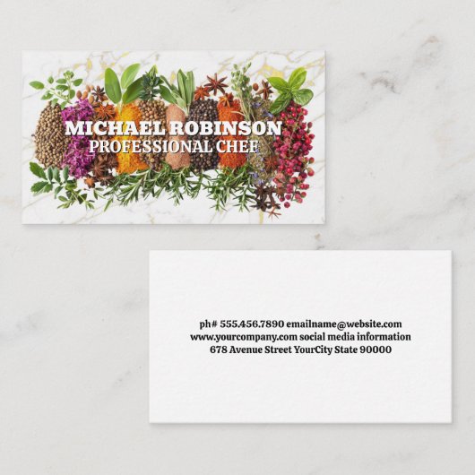 Specerijen gegroepeerd op marmeren achtergrond visitekaartje (Voorkant / Achterkant)